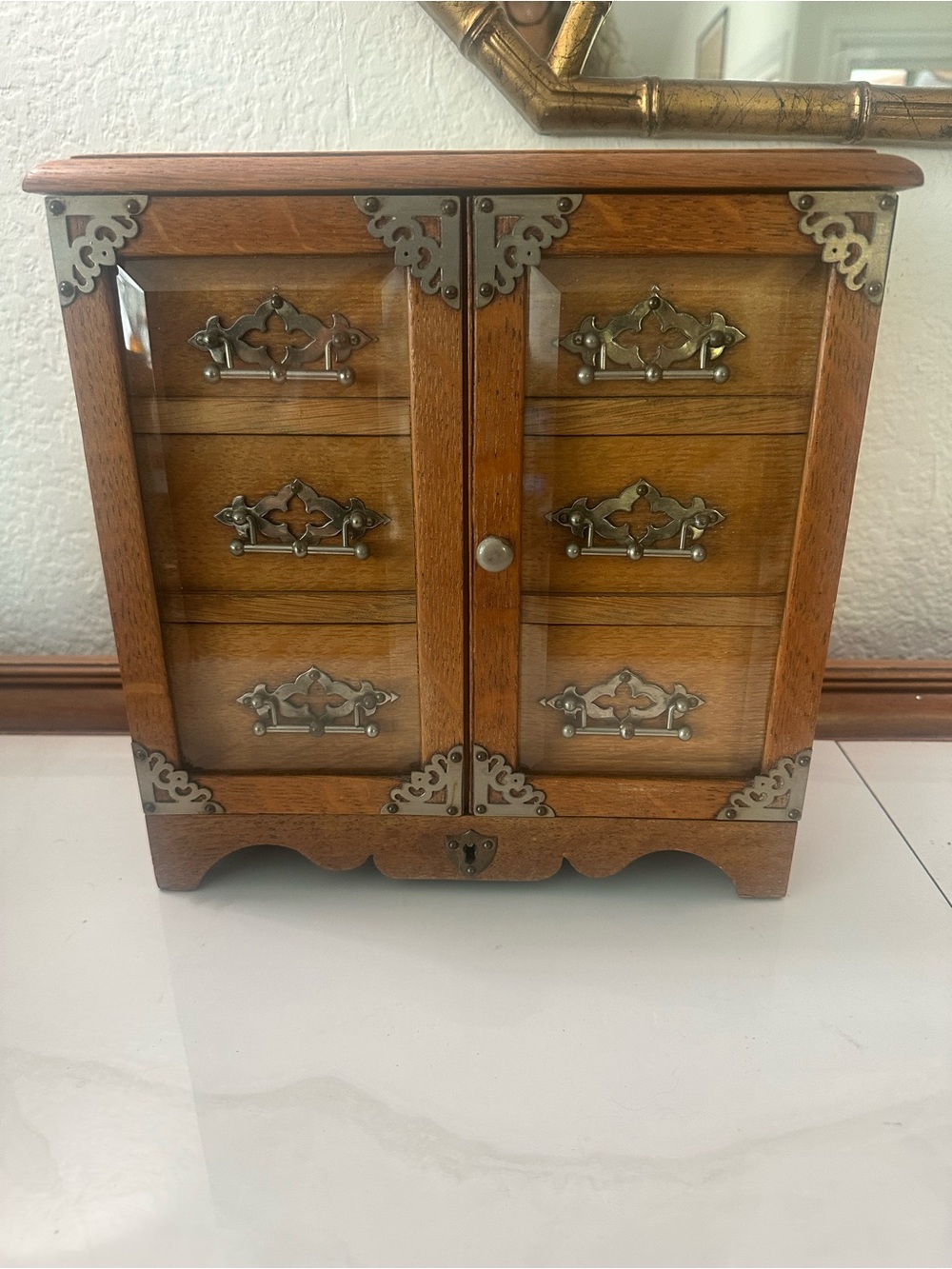 Vintage oak Cabinet with Decorative Metal Accents -glass doors